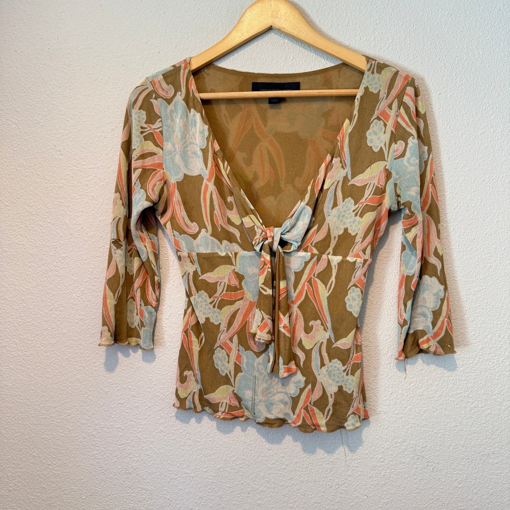Express Design Studio Y2K Floral Tie Front Lettuce Edge Top Olive Medium